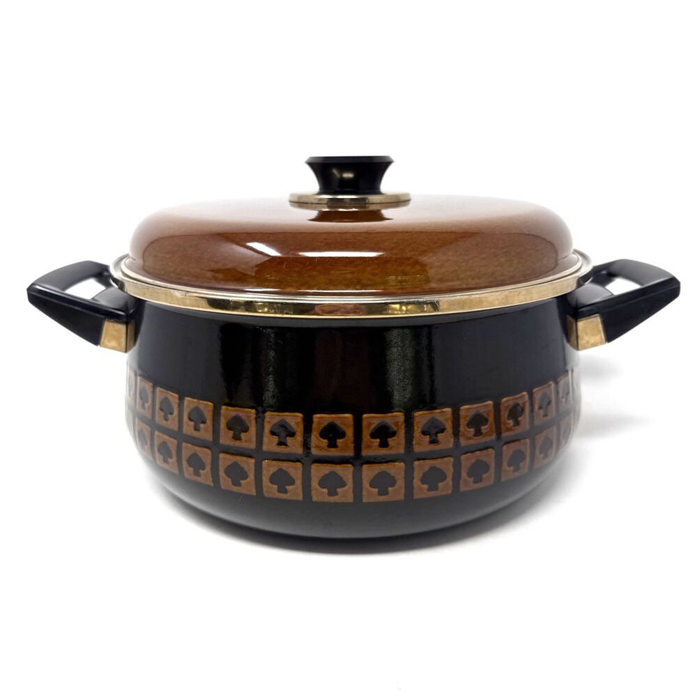 VTG West Bend Le Provencal Enamelware 4 Qt. Stock Pot w/lid Brown Spade Mushroom